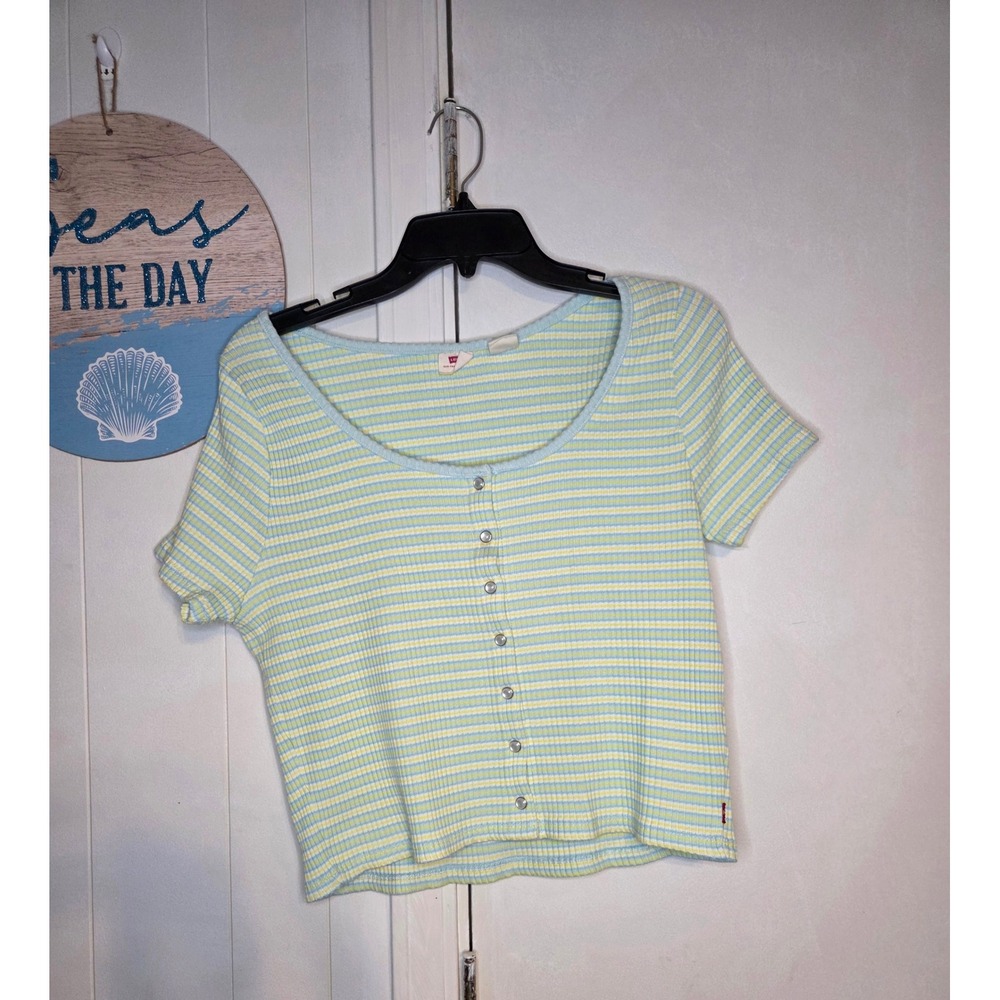 Levis Womens Britt Striped Ribbed Snap Button Front Crop Top XL